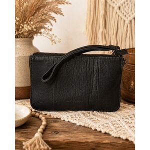 Anthropologie Day & Mood Soft Leather Wristlet Clutch Solid Black Zipper Pockets
